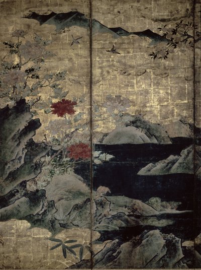 Vögel und Blumen der vier Jahreszeiten (Feder und Tinte, Farbe, Goldpapier auf Tafel) von Kano Soshu